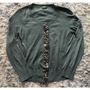 TALBOTS Dark Green Jeweled Sweater, Front Snaps, 10% Wool, Size Small Petite